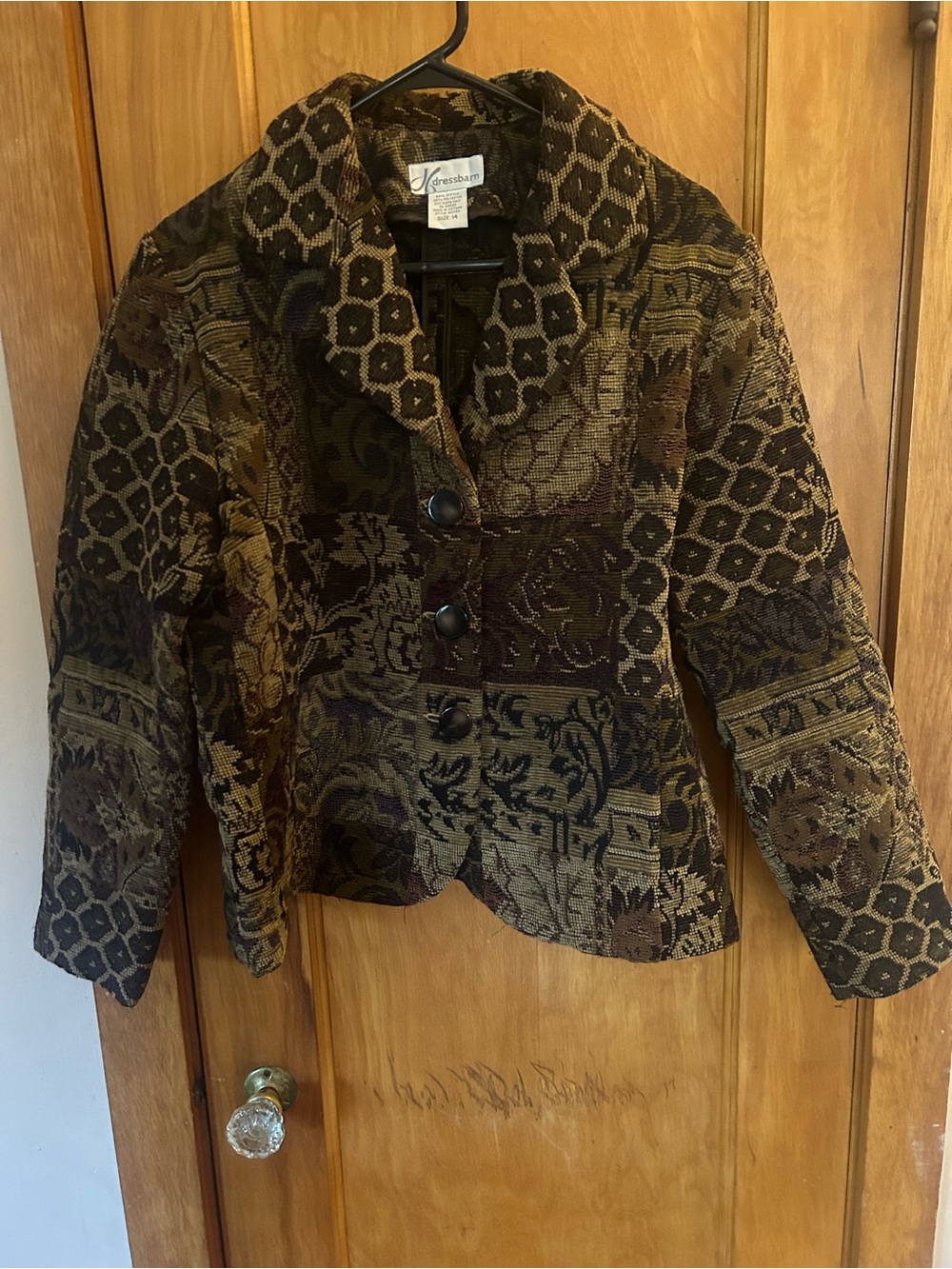 dressbarn Olive, Brown and Black Patchwork Tapestry Blazer